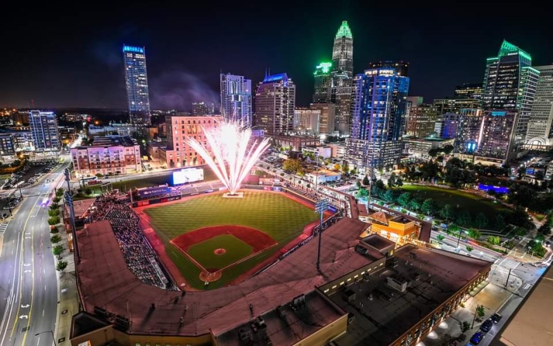 Aerial view of nearby baseball stadium